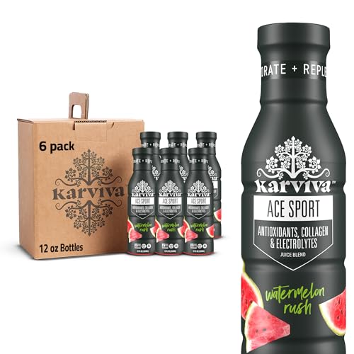 Karviva ACE Collagen Juice, Healthy Joints, Skin & Hair, Antioxidant-Rich Berries, Marine Collagen, Natural Electrolytes, Low-Sugar, Low Glycemic Index, Low-Calories,Non-GMO, Metabolism Booster, Watermelon Rush 6 BPA-Free Bottles, 12 fl oz Each