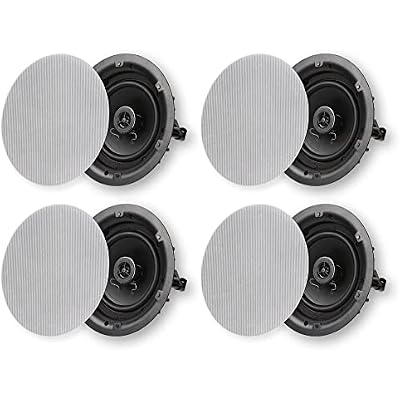 Micca 6.5 2-Way in Ceiling or Wall Round Speakers, 4 Pack, 6.5 Inch Woofer, 8 Cutout Diameter, Low Profile Rimless Design, for Indoor Rooms or Covered Outdoor Porches, White, Paintable
