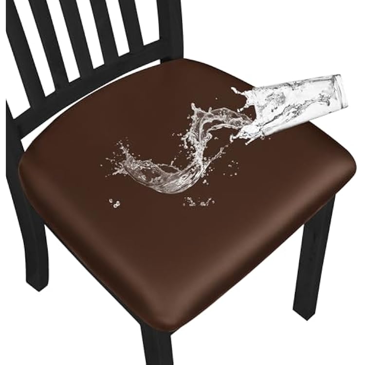 Easy-Going Waterproof PU Leather Seat Covers for Dining Room Chairs Set of 4, Stretch Fit Removable Chair Seat Protector Slipcovers with Elastic Band, Coffee