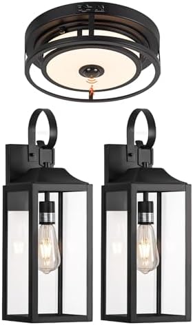 19" Large Outdoor Light Fixture 2 Pack + 12IN Motion Sensor LED Ceiling Light, Porch Lights Sconce Exterior Lighting Fixtures, Anti Rust Outdoor Lights Waterproof for House, Doorway, Garage