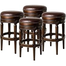 Maven Lane Pullman Backless Bar Stool 31 Inches Set of 4 Swivel Stools with Footrest Dark Brown Solid Wood Frame & Brown Faux Leather Upholstery Perfect for Bars, Pubs & Tall Kitchen Counters