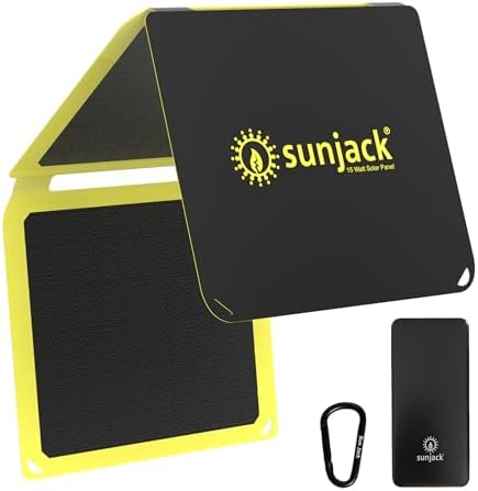 SunJack 15 Watt Foldable IP67 Waterproof ETFE Monocrystalline Solar Panel + 10000mAh Power Bank with USB-A and USB-C for Cell Phones Tablet and Portable for Backpacking, Camping, Hiking and More