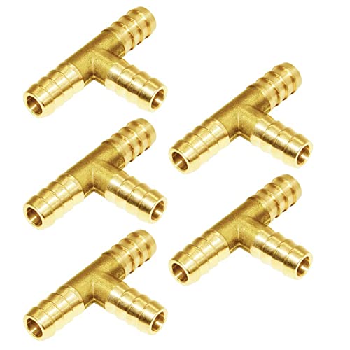 Joywayus Brass 14 Barb Tee Fittings T-Shaped 3 Ways Union 14 Hose Pipe Fitting for WaterFuelAir Pack of 5