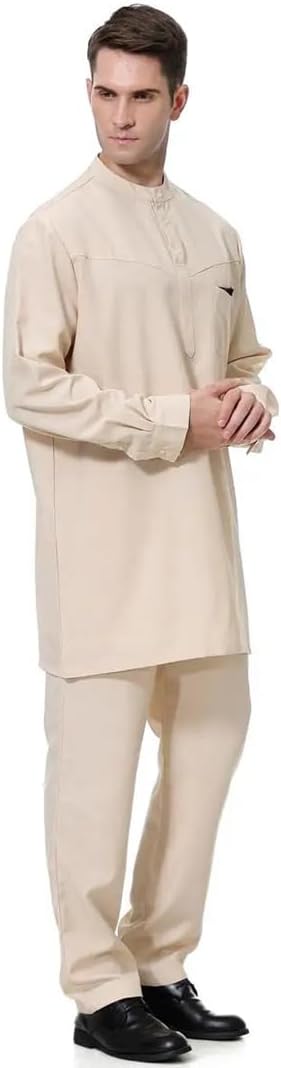HEYDHSDC Men Islamic Arabic Robe Kaftan Abaya Muslim Thoub Dubai Saudi Long Sleeve Tops+Pants Dubai Outfits