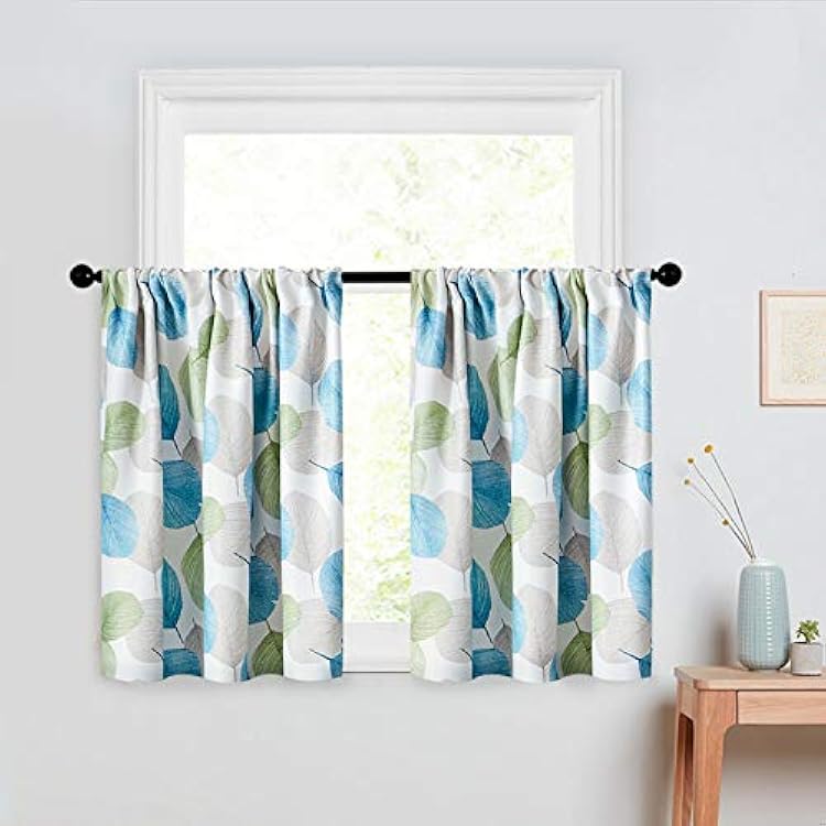 MRTREES Blackout Tier Curtain, Short Kitchen Tiers Cafe Curtains Rod Pocket, Leaves Printed Triple Weave Bathroom Small Window Panels Treatments Set for BasementBedroom2 Panels, 34x36 Inches, Green