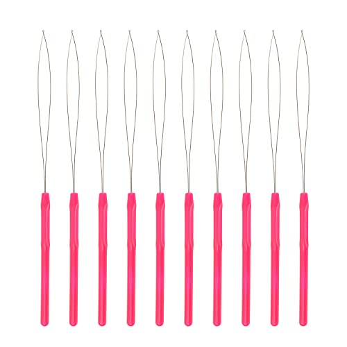 10 Pcs Hair Extension Loop Needle Threader Pulling Hook Tool and Bead Device Tool for Hair Extensions Rose Red