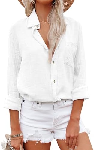 Womens Linen Button Down Shirt Cotton Dress Shirts Long Sleeve Collared Work Blouses Solid Tunic Tops with Pockets All White,L