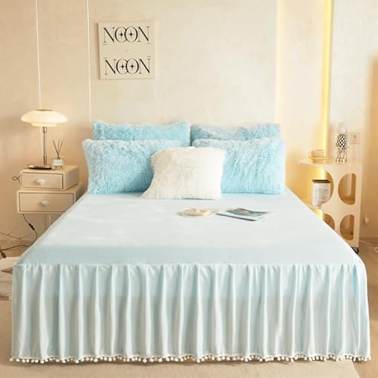 Pom Pom Velvet Bed Skirt, 22 Inch Drop Dust Ruffle Bed Skirt Soft Cozy Wrap Around Fitted Sheet, Fitted Bed Sheet with Skirt, Bedding Decor Fringe Bedspread Blue, Queen
