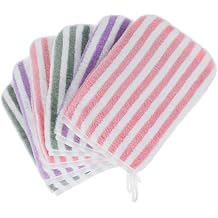 6 Striped Bath Mitts Washcloths, PHOGARY Small Hand Towels with Hanging Loop, 5"x8" Super Absorbent Soft Coral Fleece Face Towels Kid Teen Adult Body Facial Cloths Machine Washable Cloth for Showering