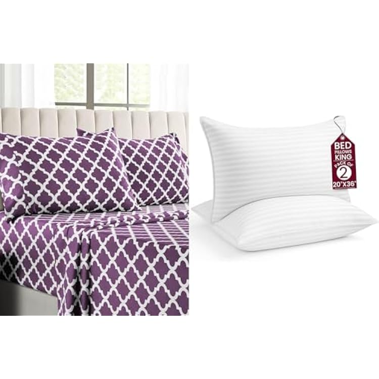 LUX Decor 4 Pcs King Quatrefoil Sheet Set  2 King Stripe Pillows Ultra-Soft Microfiber Bed Sheets with Flat Sheet, 16 Inch Deep Pocket Fitted Sheet & Pillowcases, Oeko-TEX Purple