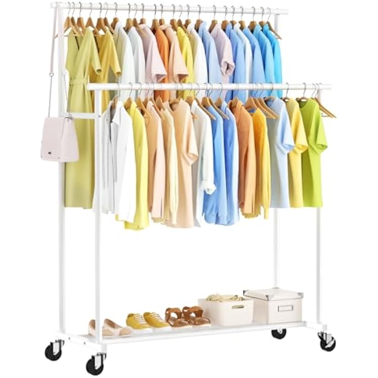 STARLATTA Double Rods Clothes Rack, White Rolling Clothing Racks for Hanging Clothes, Metal Portable Garment Rack for Bedroom, Cloakroom, Laundry room