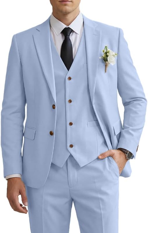Furuyal Mens Linen Suit 3 Piece Jacket Vest Pant Groom Suits for Wedding