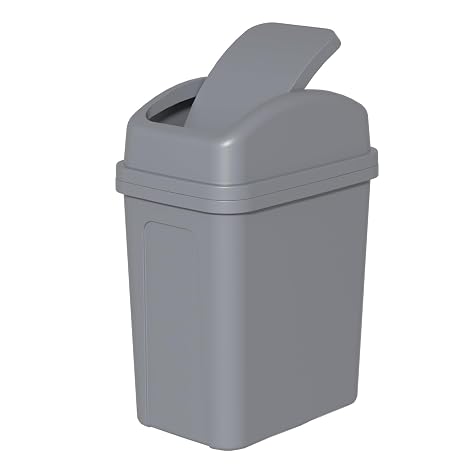 1.8 Gallon Plastic Swing Top Lid Trash Can, Small Waste Bin, Grey | Swing Top Garbage Can, Space-saving Design, Compact & Odor-proof for Bathroom, Bedroom & Office
