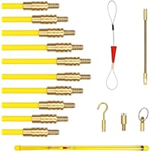 50' Fiberglass Cable Wire Running Rod Coaxial Electrical Connectable Fish Tape Pull Kit with Hook and Hole Kit in Transparent Tube, Yellow