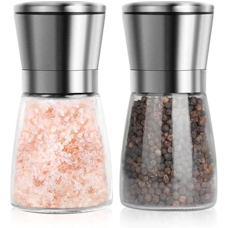 Salt and Pepper Grinder Set Stainless Steel Salt and Pepper Shakers Refillable Manual Spice Mill Pepper Grinder with Adjustable Coarseness Without Spice Content, 2 Pack