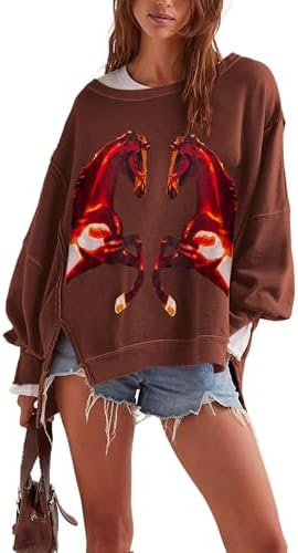 TERIVEEK Graphic Horse Sweatshirt Women Oversized Crewneck Vintage Aesthetic Shirts Tops Y2k Drop Shoulder Pullover Sweater