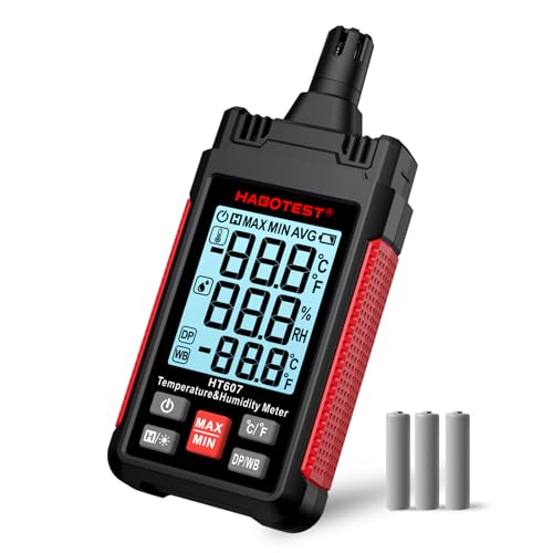 Temperature Humidity Meter, HABOTEST High Precision Digital Hygrometer with Ambient, Relative Humidity, Dew Point, Wet Bulb Thermometer, MinMax Hold, LCD Backlight with Cover for Indoor and Outdoor