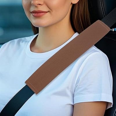 GAMPRO Perforated Breathable Car Seat Belt Pads, Microfiber Synthetic Leather Safety Belt Strap Shoulder Pad for Adults and Children 2, Coffee