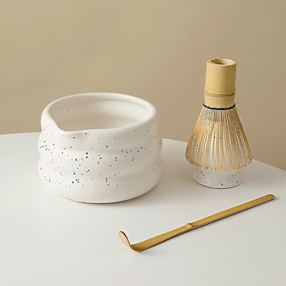7-piece matcha kit includes matcha bowl. white speckled matcha tea set with bamboo whisk -, sifter, scoop, stainless steel filter, tea caddy, cloth & gift box - for matcha green (4)