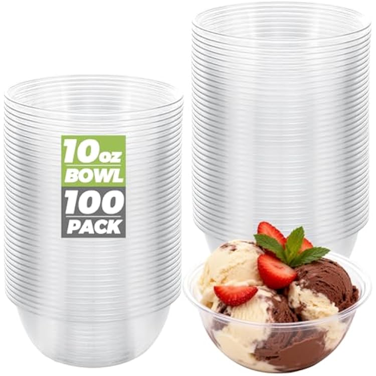 100 Pack Clear Plastic Bowls 10 OZ Clear Plastic salad bowls disposable Hard Plastic Desert Bowls Soup Ice Cream Candy Serving Bowls for Serving Weddings Parties Birthday Christmas