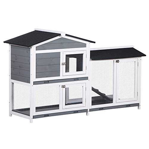 PawHut 62 Rabbit Hutch, Wooden Bunny Hutch, Guinea Pig Cage, Small Animal Enclosure with Run Area, Removable Tray, Asphalt Roof, Lockable Doors and Ramp, Gray