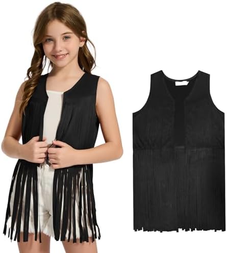 Girls Kids Fringe Vest Sleeveless Western Cowgirl Vest 60s 70s Hippie Faux Suede Tassels Jacket for Halloween
