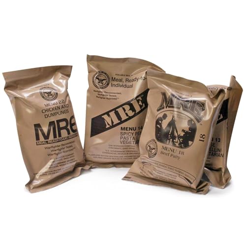 MRE Meal Ready to Eat Meals - Pack Of 4 - Emergency MRE Meals For Camping Hiking & Other Outdoor Activities Nutritional Emergency Food Rations - Freeze Dried Food w Flameless Heater, Entree, Dessert, More - MRE Kit for Emergency Survival, Hunting, More Betterbundle