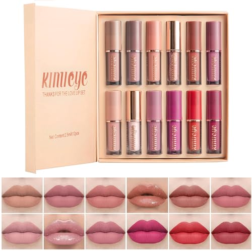 12Pcs Velvet Matte Liquid Lipstick Set, Waterproof Long Lasting Quick-drying Non-Stick Cup Nude Lip Stain Kit, Up to 24H Wear, Professional Lip Makeup Gift Kit for Women SET A