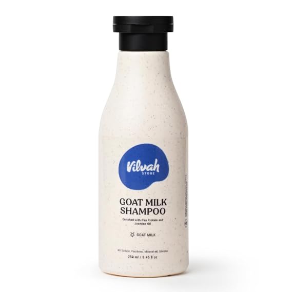 vilvah STORE Goat Milk Shampoo, For Dry & Frizzy Hair with Pea Protein and Goat Milk, Strong & Shiny Hair, No Sulfates, No Paraben, Shampoo For Men and Women (200 ml (Pack Of 1))