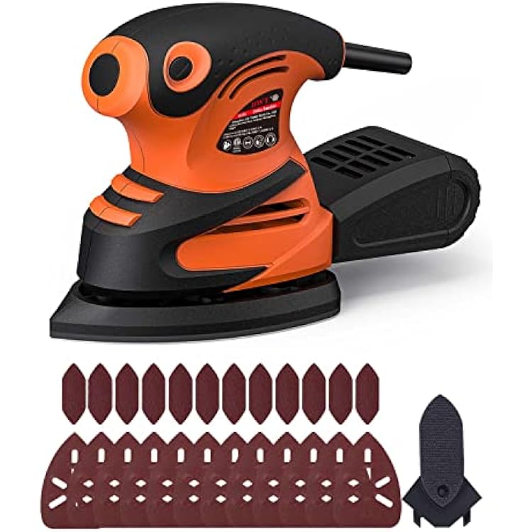 DWT Detail Sander, 1.5A 15000 OPM Electric Sander with 24pcs Sandpapers, Efficient Dust Collection System & Detail Finger Attachment, Soft Grip Handle, Compact Hand Sander for Woodworking