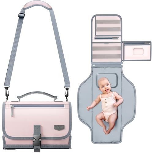 Portable Diaper Changing Pad with Shoulder Strap, Detachable Travel Changing Pad with Baby Wipes Pocket, Gifts for Baby Shower, Newborn Girls and Boys Pink