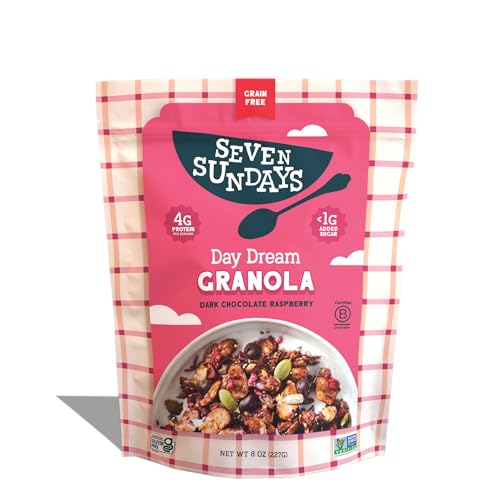 Seven Sundays Nut Granola Cereal, Day Dream Dark Chocolate Raspberry, Grain-Free, Gluten-Free Breakfast, 5g Net Carbs, Healthy Cereal, 8 oz Bag