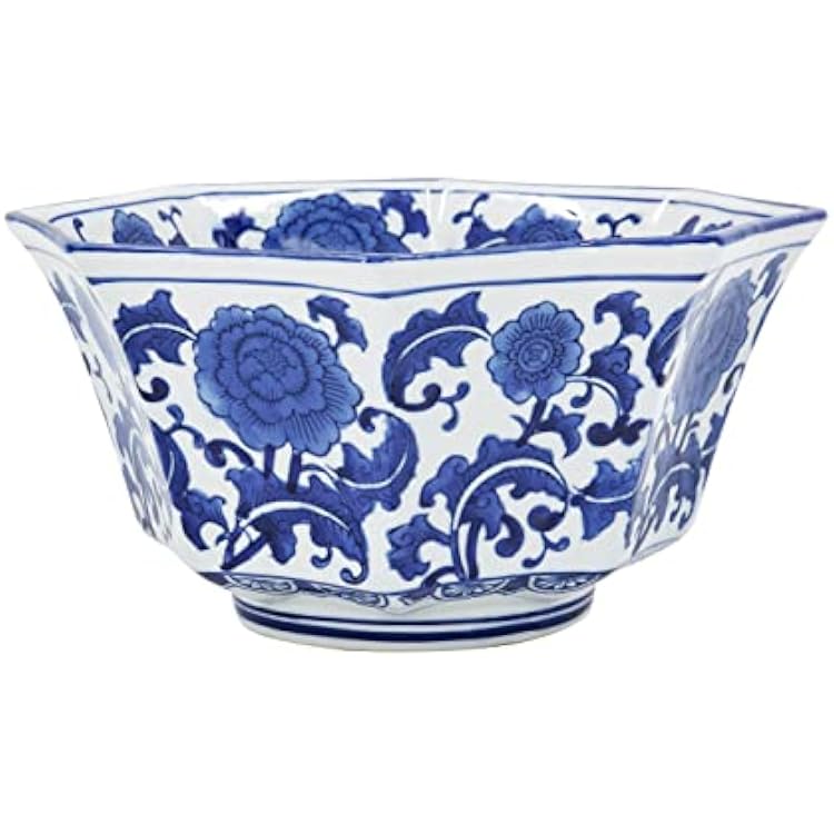 A & B Home Blue and White Floral Printed Porcelain Decorative Bowl, 11 x 11 x 6