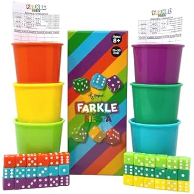 Regal Games - Farkle Fiesta Classic Dice Game w 6 Colored Dice Sets, 6 Convenient Dice Cups for Easy Shaking, 20 Score Sheets - Fun Family Game for Travel, Camp - Ideal for 2-4 Players Ages 8