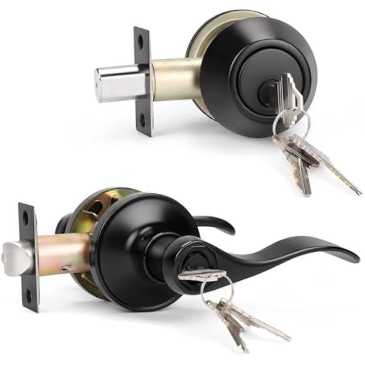 KNOBWELL 6 Pack Keyed Alike Entrance Door Lever Door Handle Exterior Door Lock Set with Single Cylinder Deadbolt Reversible for Right and Left Handing Doors