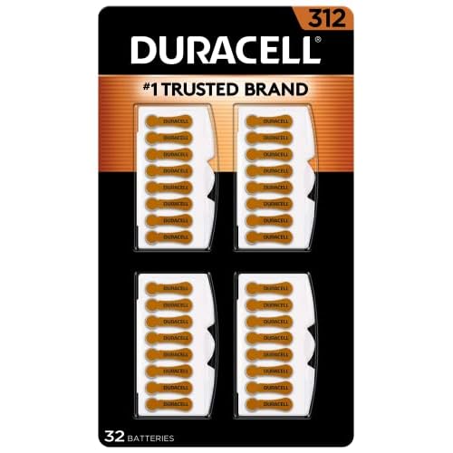 Duracell Hearing Aid Batteries Brown Size 312, 32 Count Pack, 312A Size Hearing Aid Battery with Long-Lasting Power, Extra-Long EasyTab Install for Hearing Aid Devices