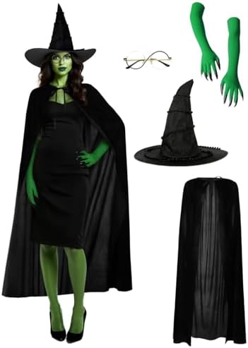 4-Piece Witch Costume Accessories Set, Halloween Cosplay Kit with Hat, Green Gloves, Round Glasses, Black Cape