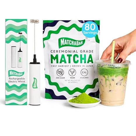 Matchabar Ceremonial Matcha Whisk Bundle - 80g Matcha Powder + Rechargable Electric Whisk - Perfect Starter Kit - Gift for Green Tea Lovers