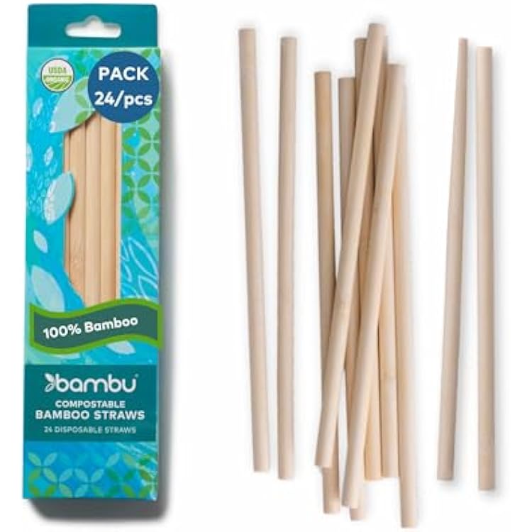 Bambu Pack of 24 - Disposable Bamboo Straws, Biodegradable Eco Friendly Products, Single Use Bamboo Straws, Wilt Free and Strong Compostable