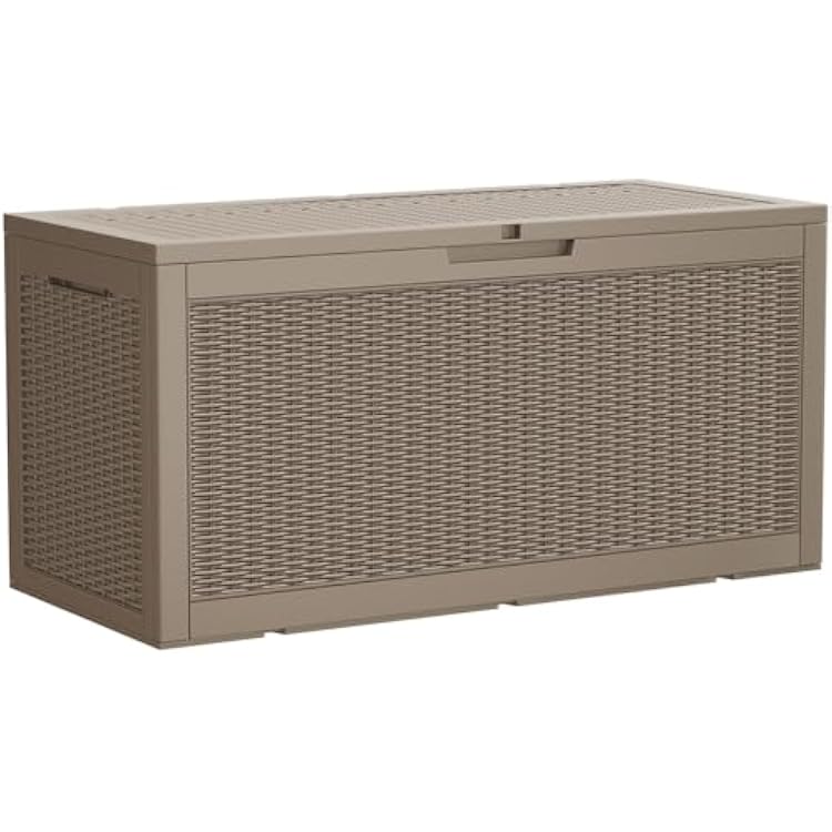 Devoko 95 Gallon Deck Box Large Resin Outdoor Storage Box, Waterproof and UV Resistant Lockable for Outdoor and Patio, Large Storage Cabinet for Patio Furniture, Tools and Pool Supplies, Light Brown