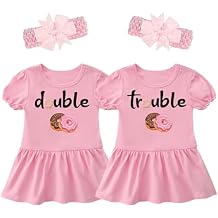 YSCULBUTOL Baby Twins Bodysuit Double Trouble Sweet Donuts Girl Outfits Sister Dresses Infant Romper With Headband Set
