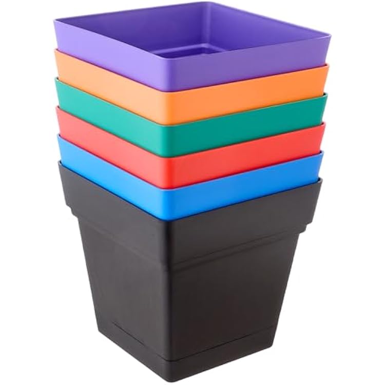 Mintra Plastic Pots for Plants, Square Planter for Indoor Outdoor Plants, Garden Pots with Saucers & Drainage Holes, Decorative Flower Pots for Patio, Home Decor, 6.75 Wx6.75 H Assorted 6pk