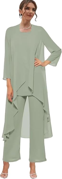 3 Piece Mother of The Bride Pant Suits for Wedding Chiffon Evening Dress with Jacket Long Formal Gown