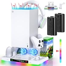 LED Cooling Stand and Charging Station for Xbox Series X Console & Controller, Cooling Fan Station for Xbox Series X Accessories with 2X 1400mAh Rechargeable Battery Pack, 15 Light Modes, Snow White