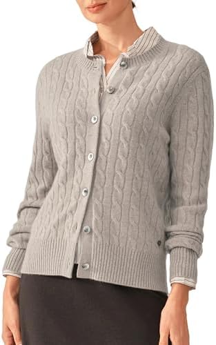KVSS Women's 100% Pure Cashmere Cardigan Sweaters Cable-Knit Crewneck Button Up Sweater Long Sleeve Cardigan for Women