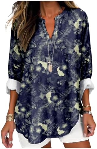 domirica Womens Hawaiian Shirts and Blouses Long Sleeve V Neck Flamingo Print Breathable Summer Plam Leaf Floral Tshirt