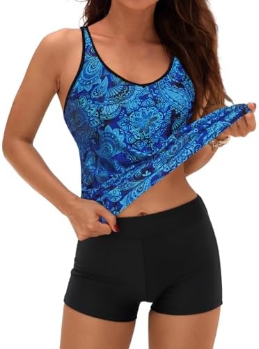 Yonique 2 Piece Tankini Swimsuits for Women with Boy Shorts Athletic Swim Tank Top Bathing Suits