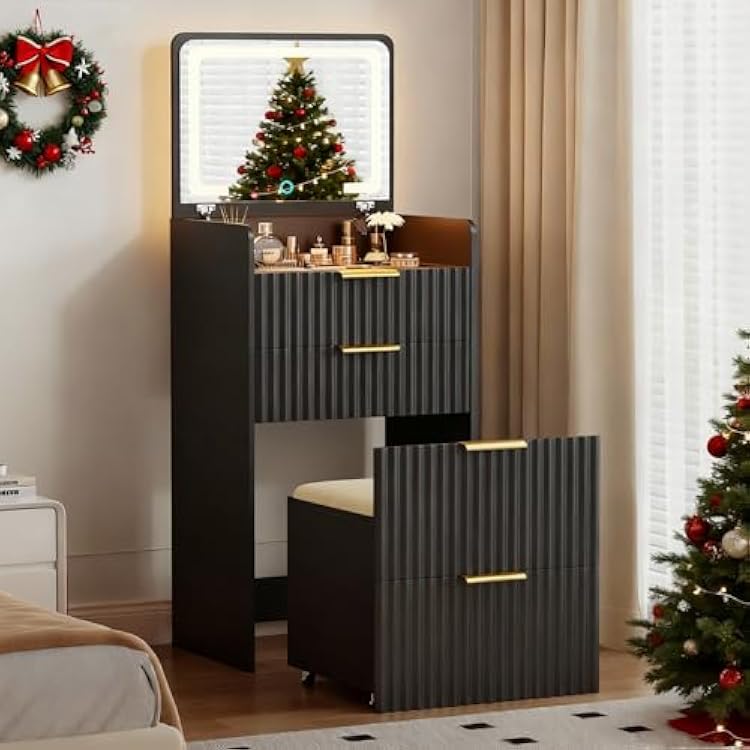 LED Vanity with Flip Top Mirror, 3 in 1 Small Makeup Desk with Glass Desktop, Compact Dressing Table with Storage and Cushioned Stool with Wheels,3 Drawers, Bedroom Black