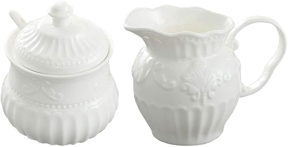 FUYU Relief White Ceramic Creamer and Sugar Bowl Set Coffee Serving Set Cream Pitcher