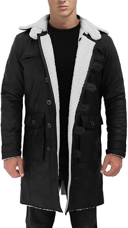 Mens Lambskin Leather Trench Coat - Black & Brown Knee-Length Shearling Jacket - Tactical Green Vest & Cotton Pant